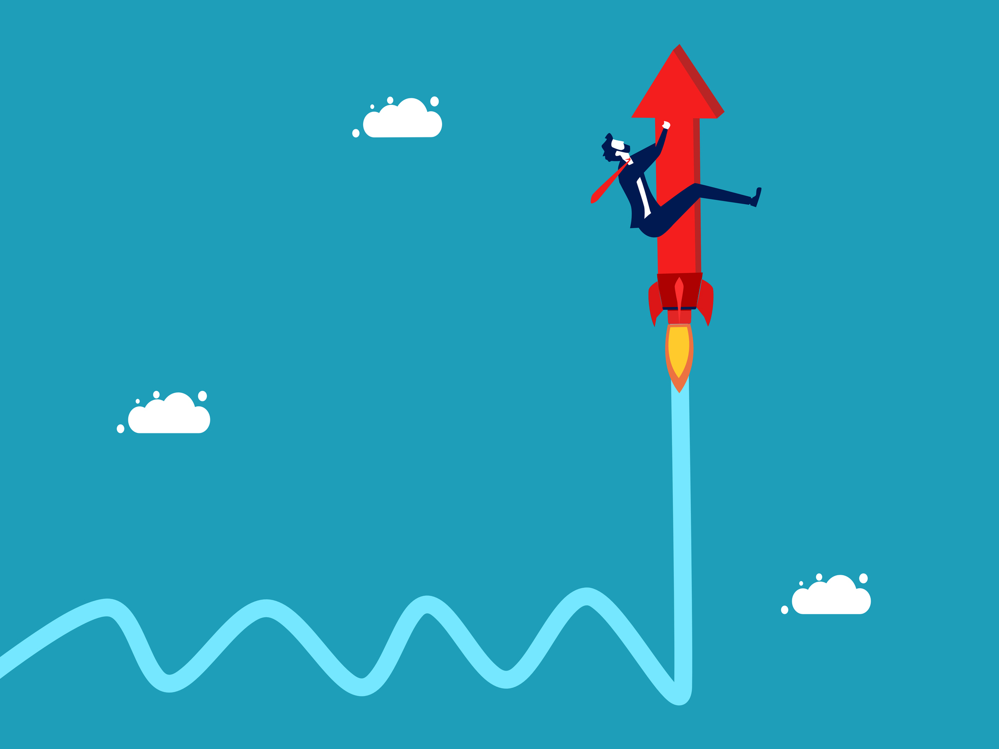 Growth in times of crisis. Optimization for growth. Businessman riding an arrow through crisis or volatility