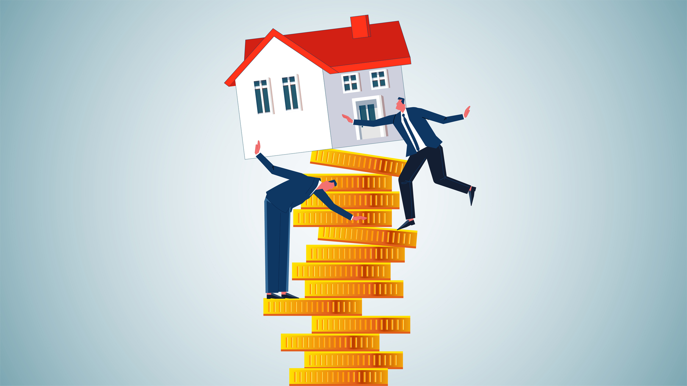 The risks and crises in the development of real estate investment, unstable and unbalanced houses and merchants on the pile of gold coins.
